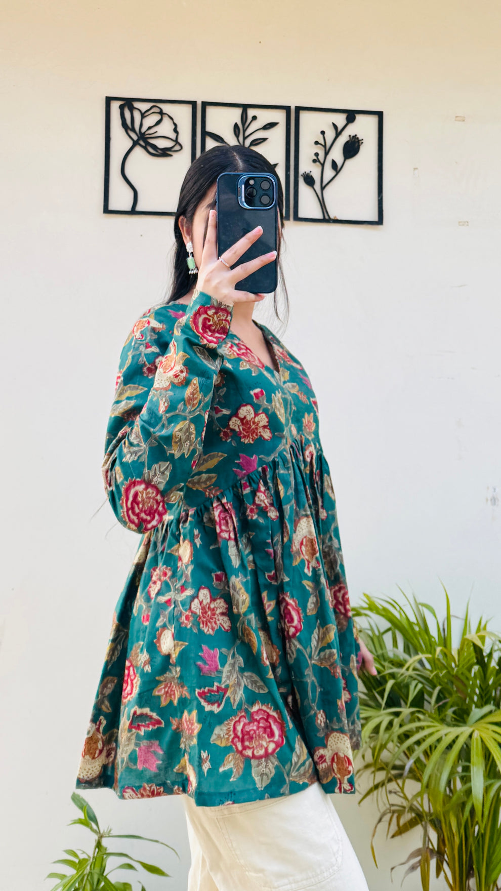 Bottle Green Aliacut Floral Print Peplum Top