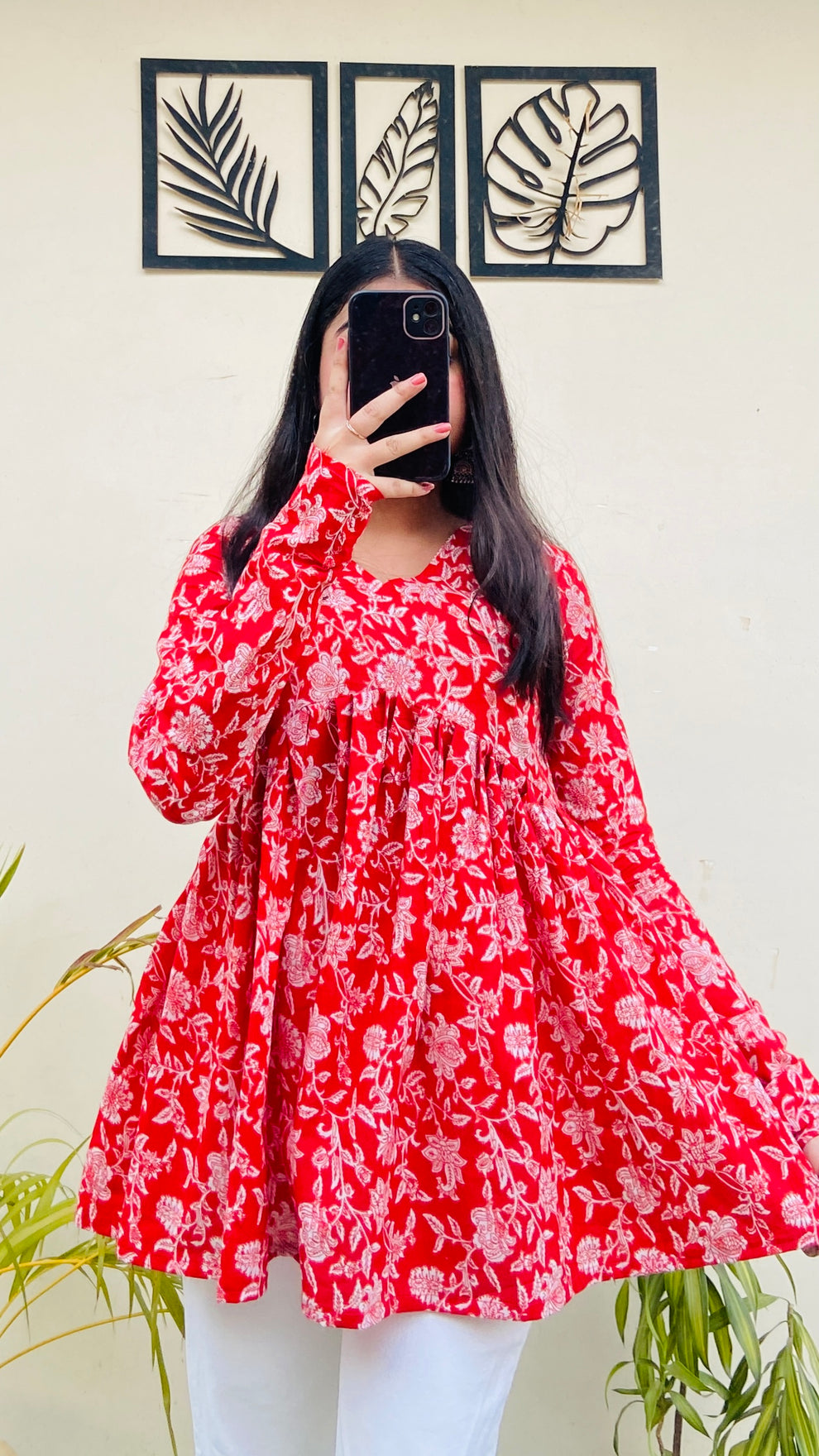 Cotton Red Flared Aliacut Floral Print Peplum Top