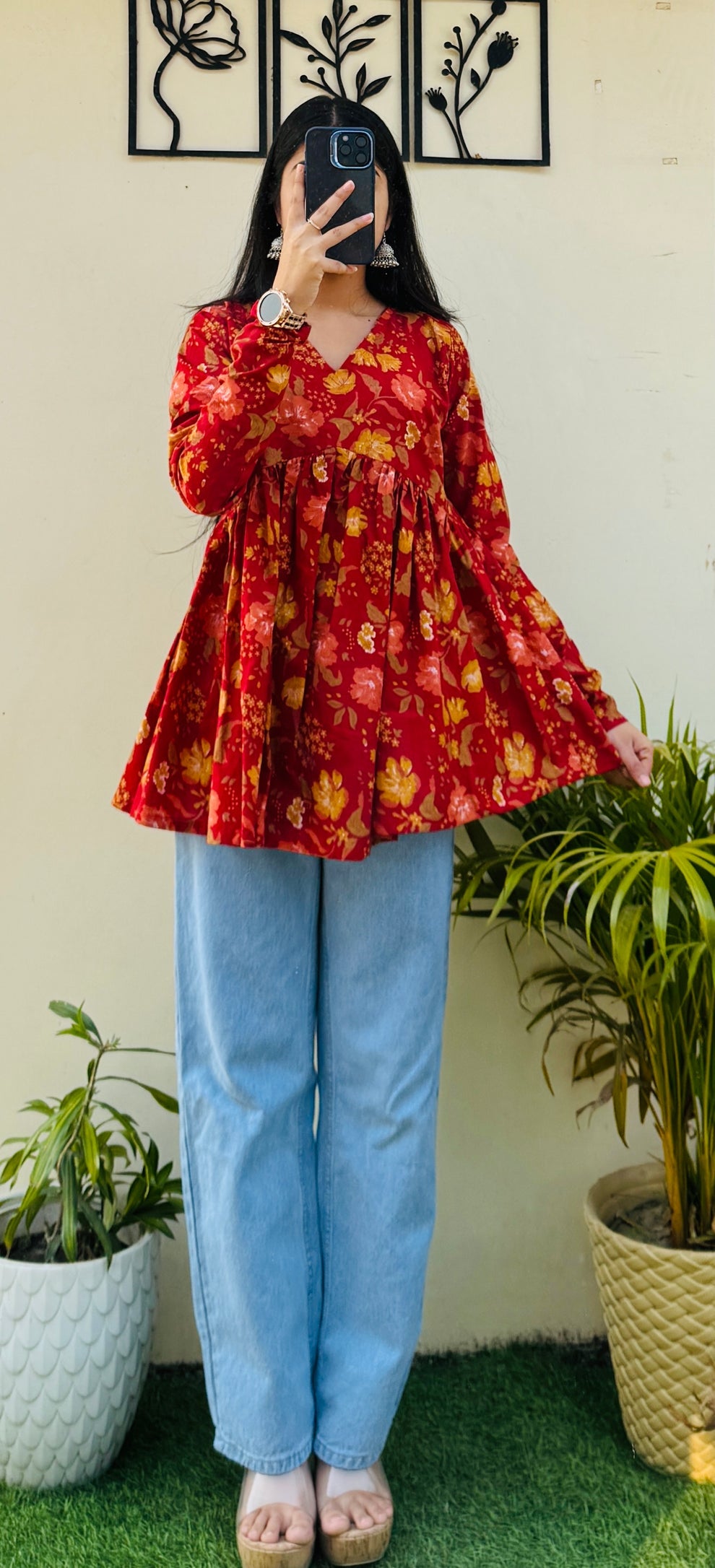 Cotton Flared Aliacut Floral Print Peplum Top