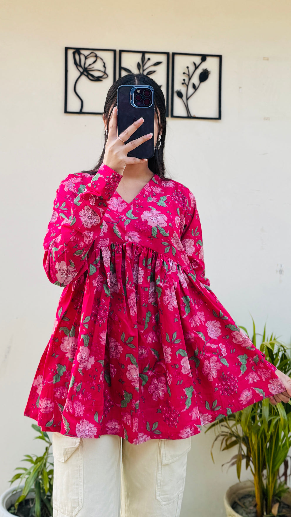 Pink Flared Floral Print Aliacut Peplum Top