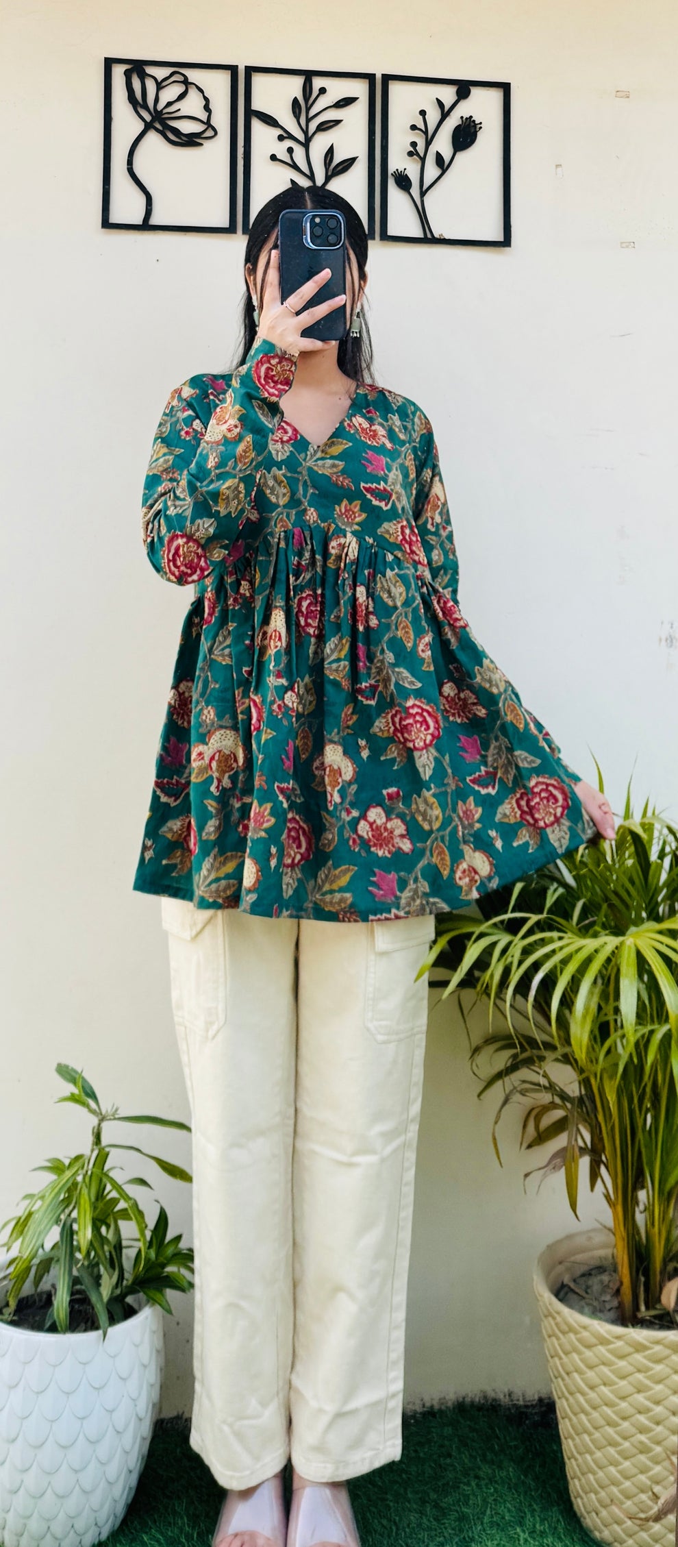 Bottle Green Aliacut Floral Print Peplum Top
