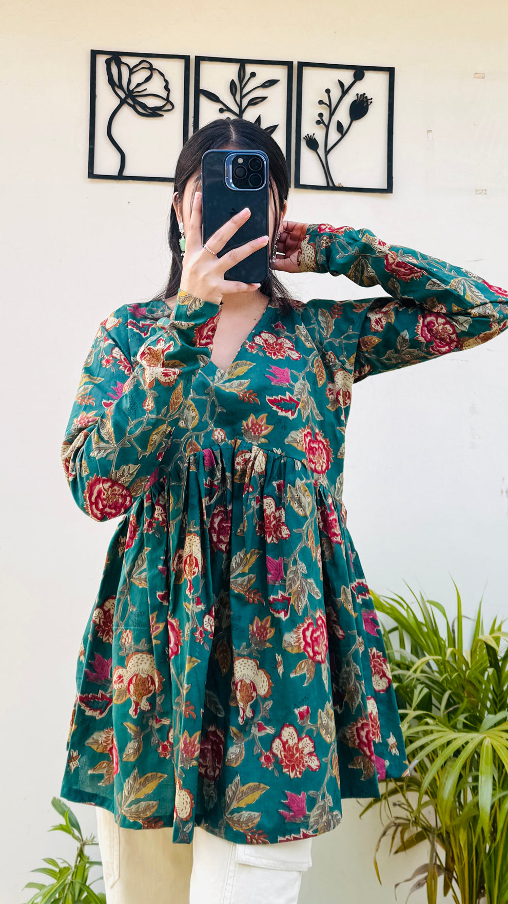 Bottle Green Aliacut Floral Print Peplum Top