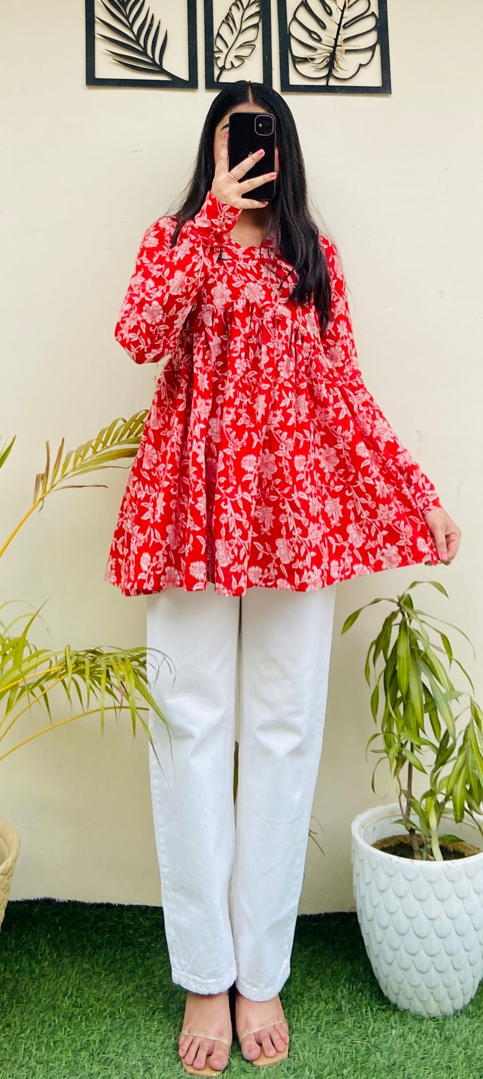 Cotton Red Flared Aliacut Floral Print Peplum Top