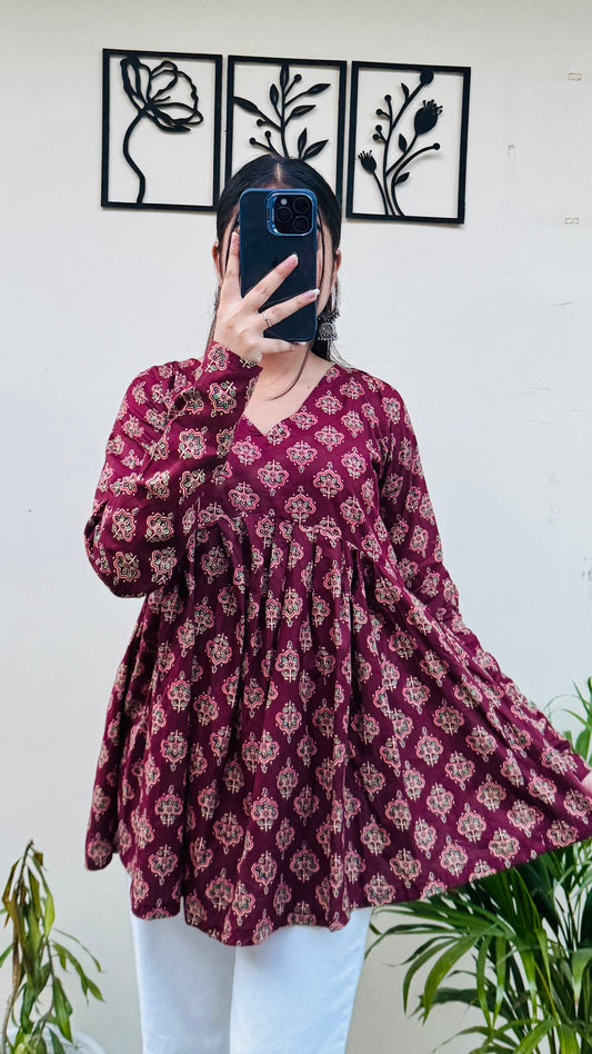 Maroon Aliacut Ajarakh Print Peplum Top