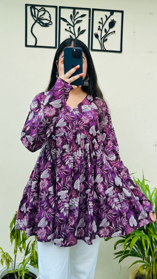 Wine Flared Floral Print Aliacut Peplum Top