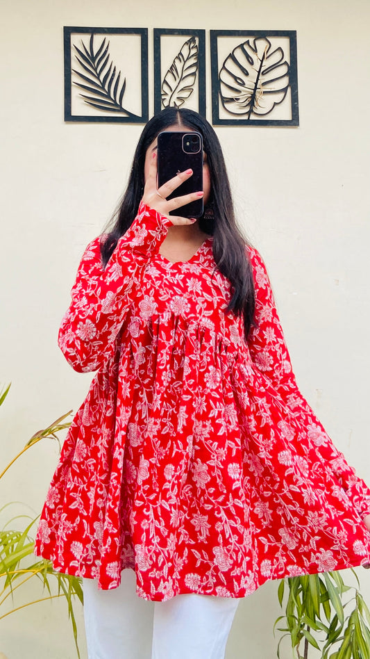 Cotton Red Flared Aliacut Floral Print Peplum Top