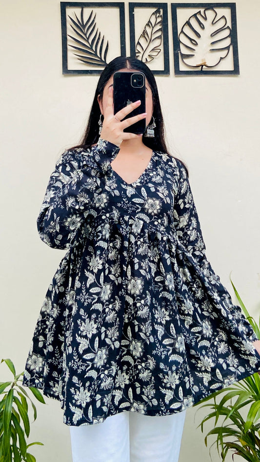 Black Floral Print Aliacut Peplum Top
