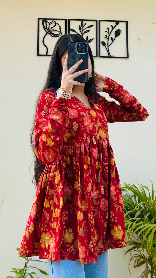 Cotton Flared Aliacut Floral Print Peplum Top