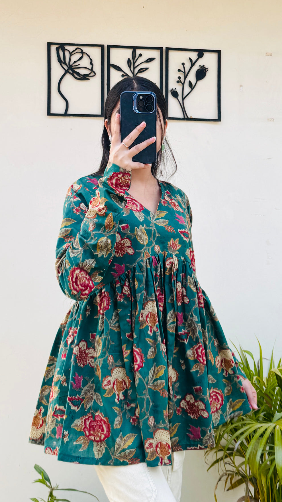 Bottle Green Aliacut Floral Print Peplum Top
