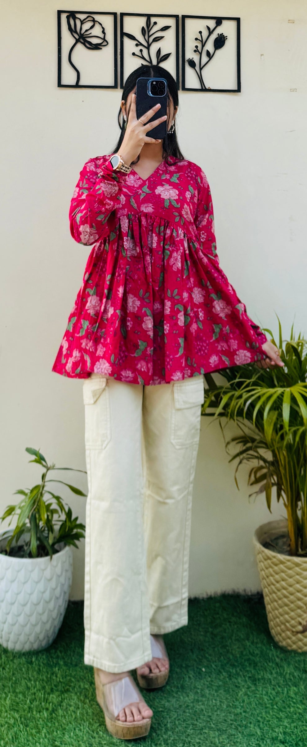 Pink Flared Floral Print Aliacut Peplum Top