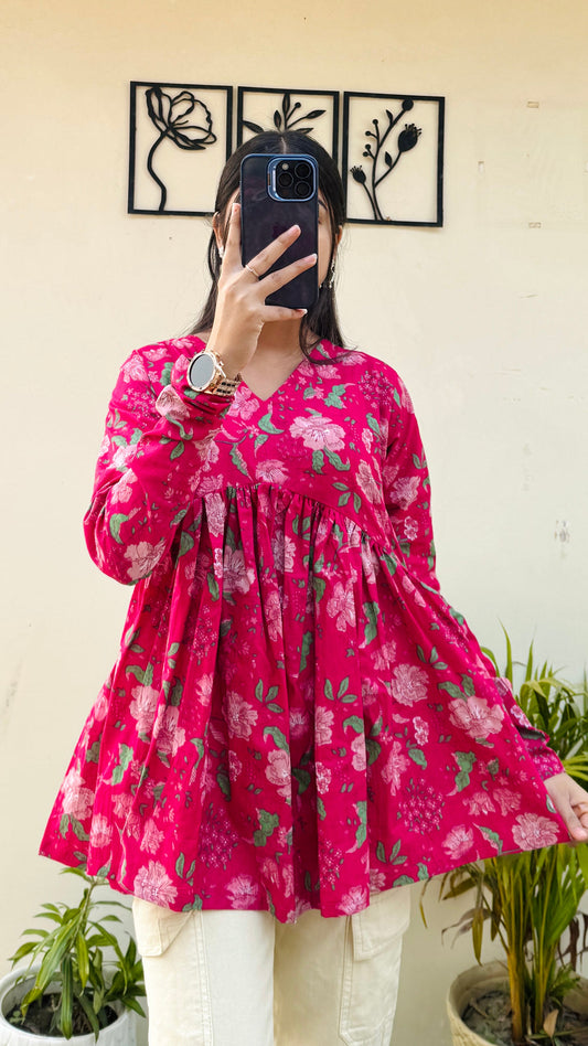 Pink Flared Floral Print Aliacut Peplum Top