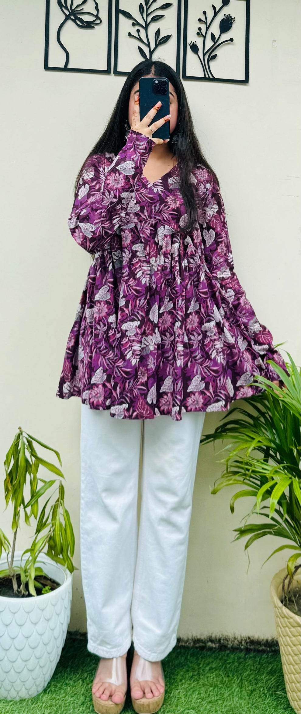 Wine Flared Floral Print Aliacut Peplum Top