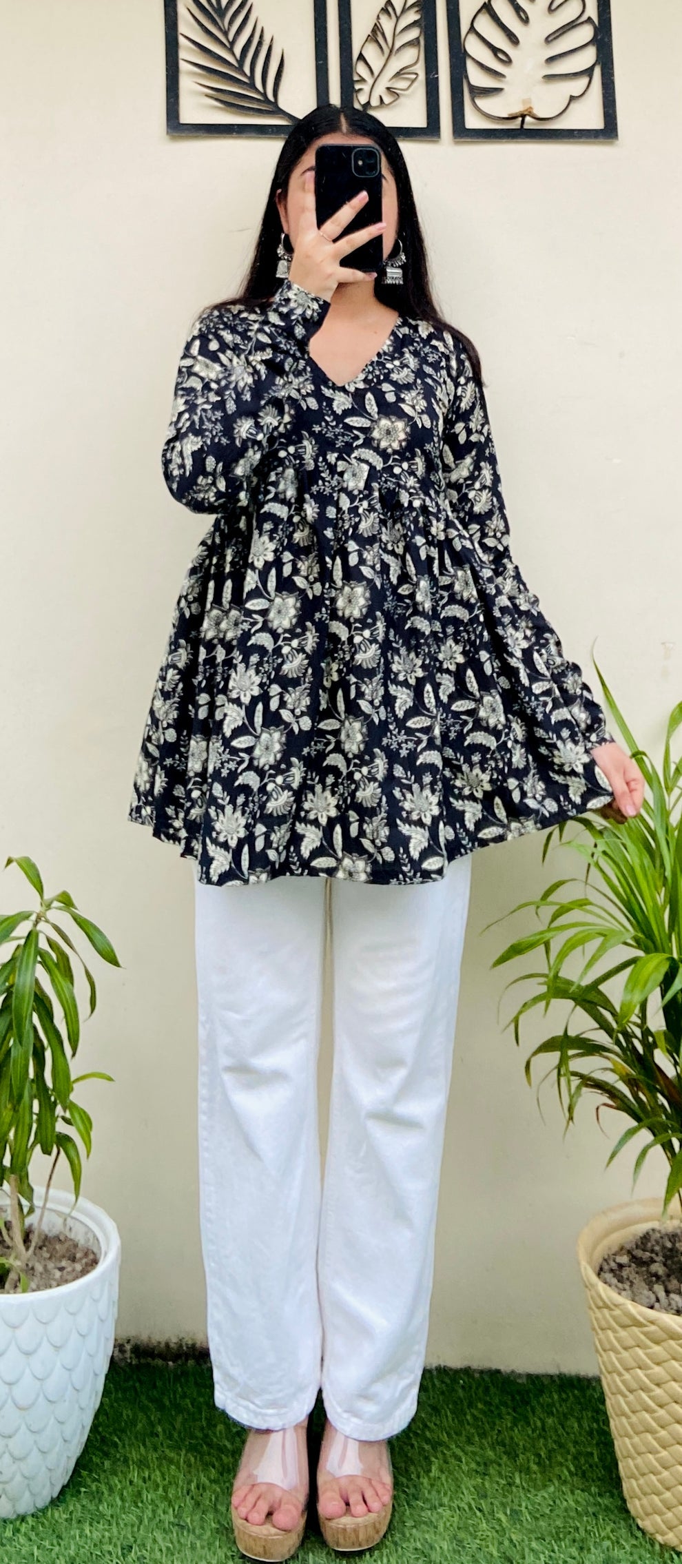 Black Floral Print Aliacut Peplum Top