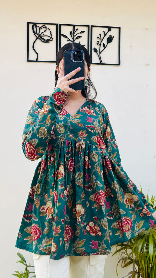 Bottle Green Aliacut Floral Print Peplum Top